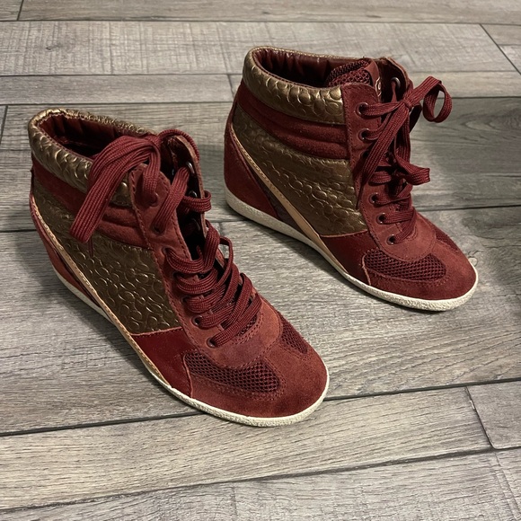 Coach Women's Maroon Red and Bronze hidden wedge High-Top Sneakers size 6 - Picture 1 of 9